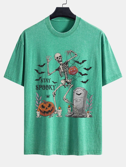 Halloween Skeleton Stay Spooky Print Washed Distressed Drop Shoulder T-Shirt