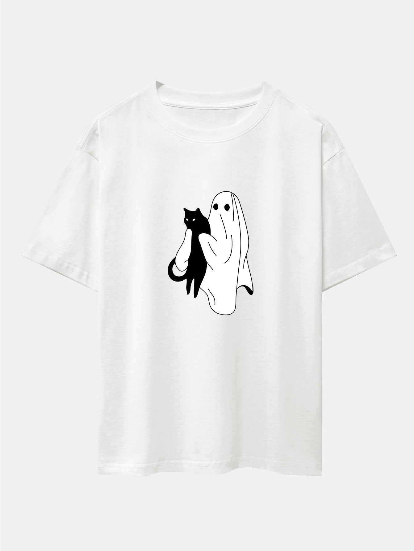 Ghost Black Cat Print Drop Shoulder Oversize T-Shirt