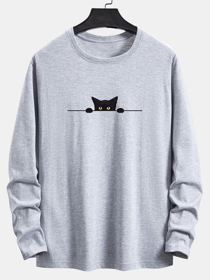 Long Sleeve Black Cat Print Cotton T-Shirt