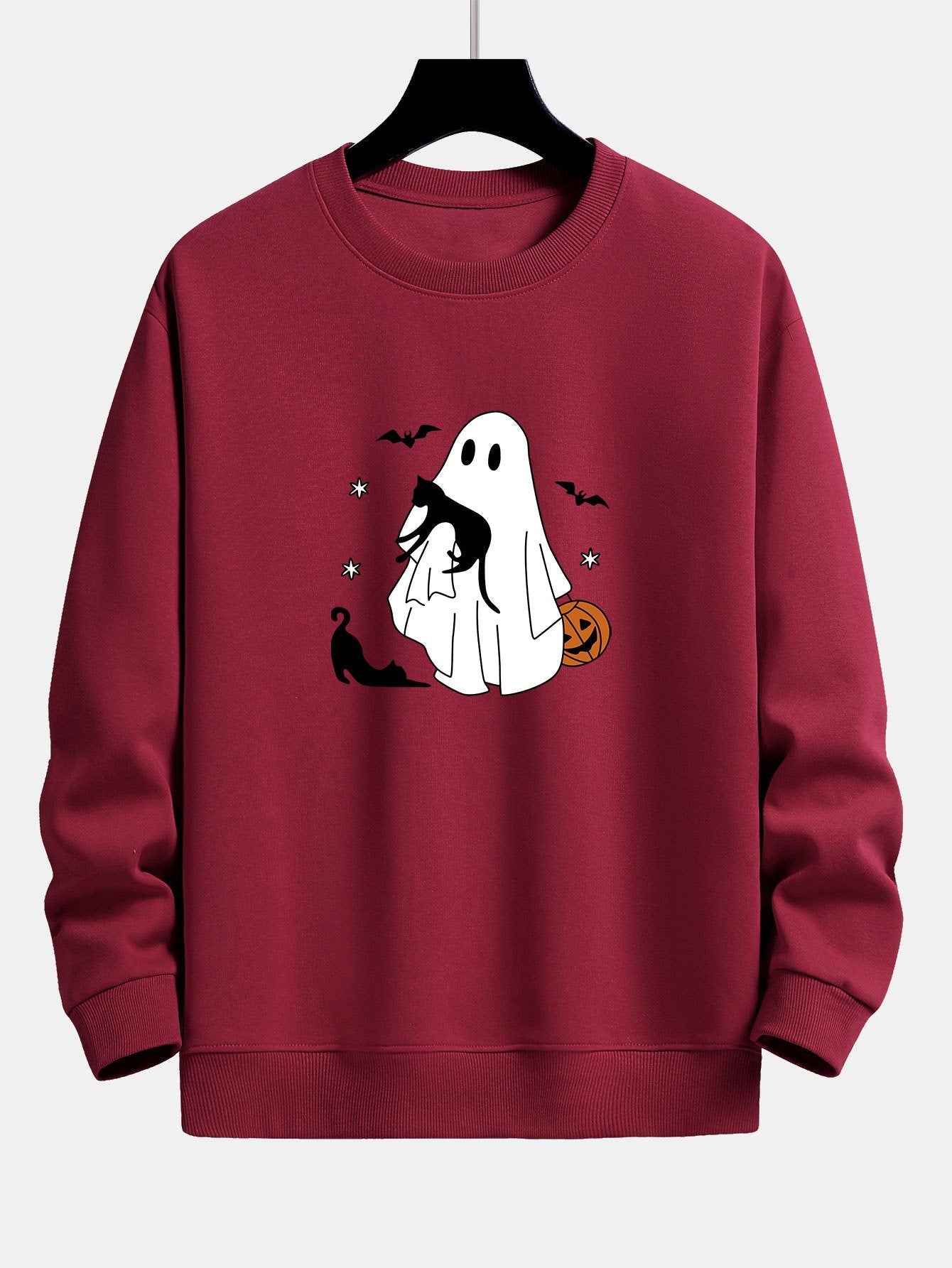 Halloween Ghost Black Cat Print Relax Fit Sweatshirt