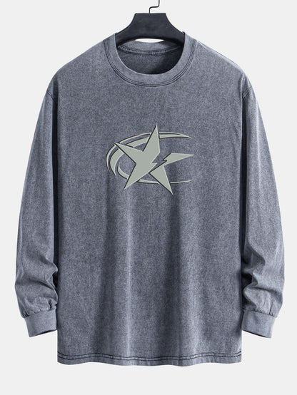 Star Print Relax Fit Long Sleeve Washed Distressed T-Shirt