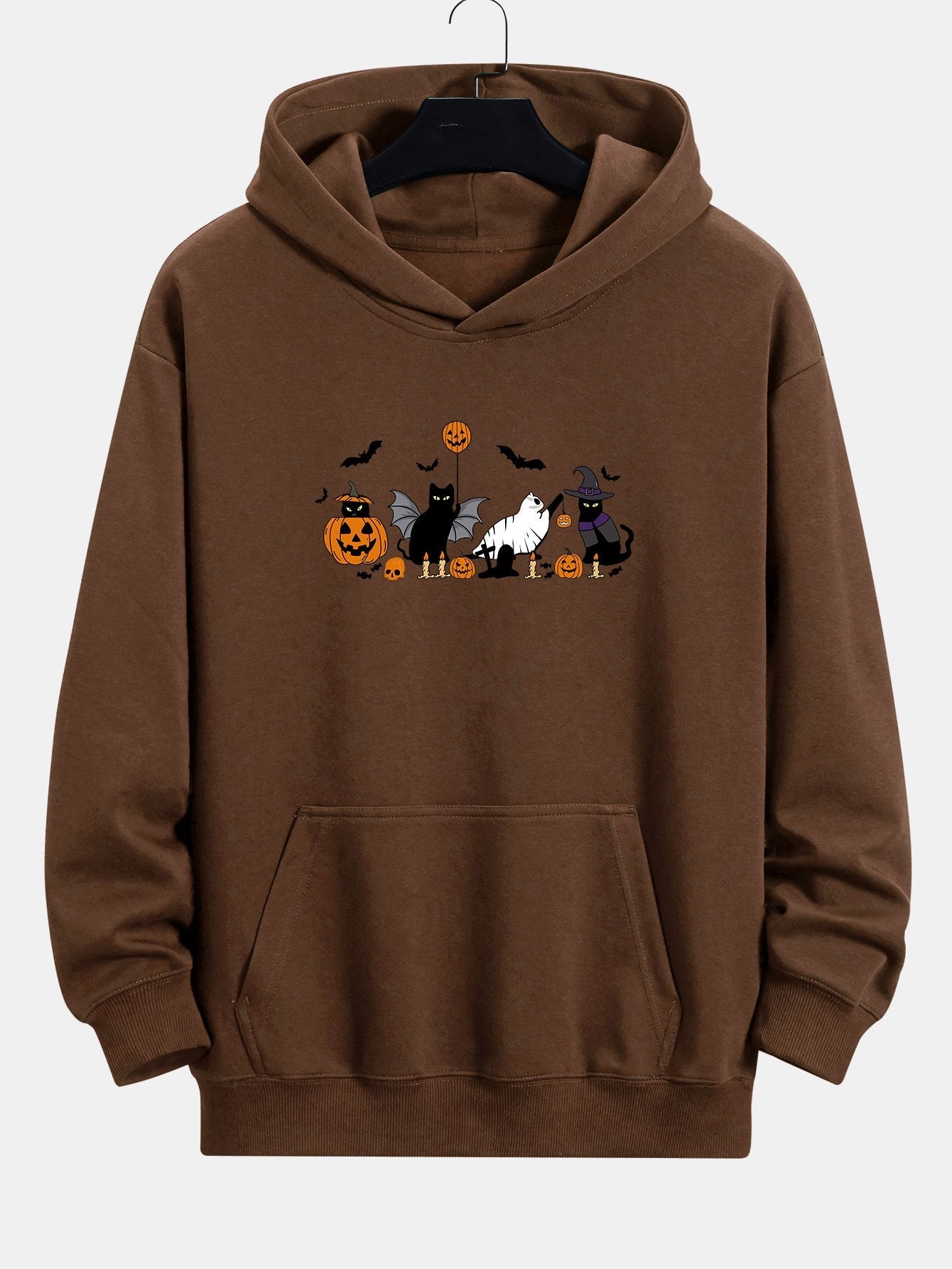 Halloween Pumpkin Black Cat Print Relax Fit Hoodie