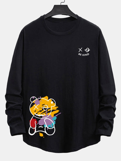 Long Sleeve Graffiti Bear Print Cotton Arc Hem T-Shirt