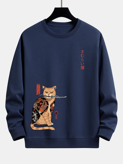 Japanese Samurai Cat Print Relax Fit Sweatshirt