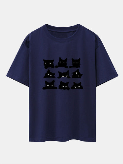 Black Cat Staring Print Drop Shoulder Oversize T-Shirt