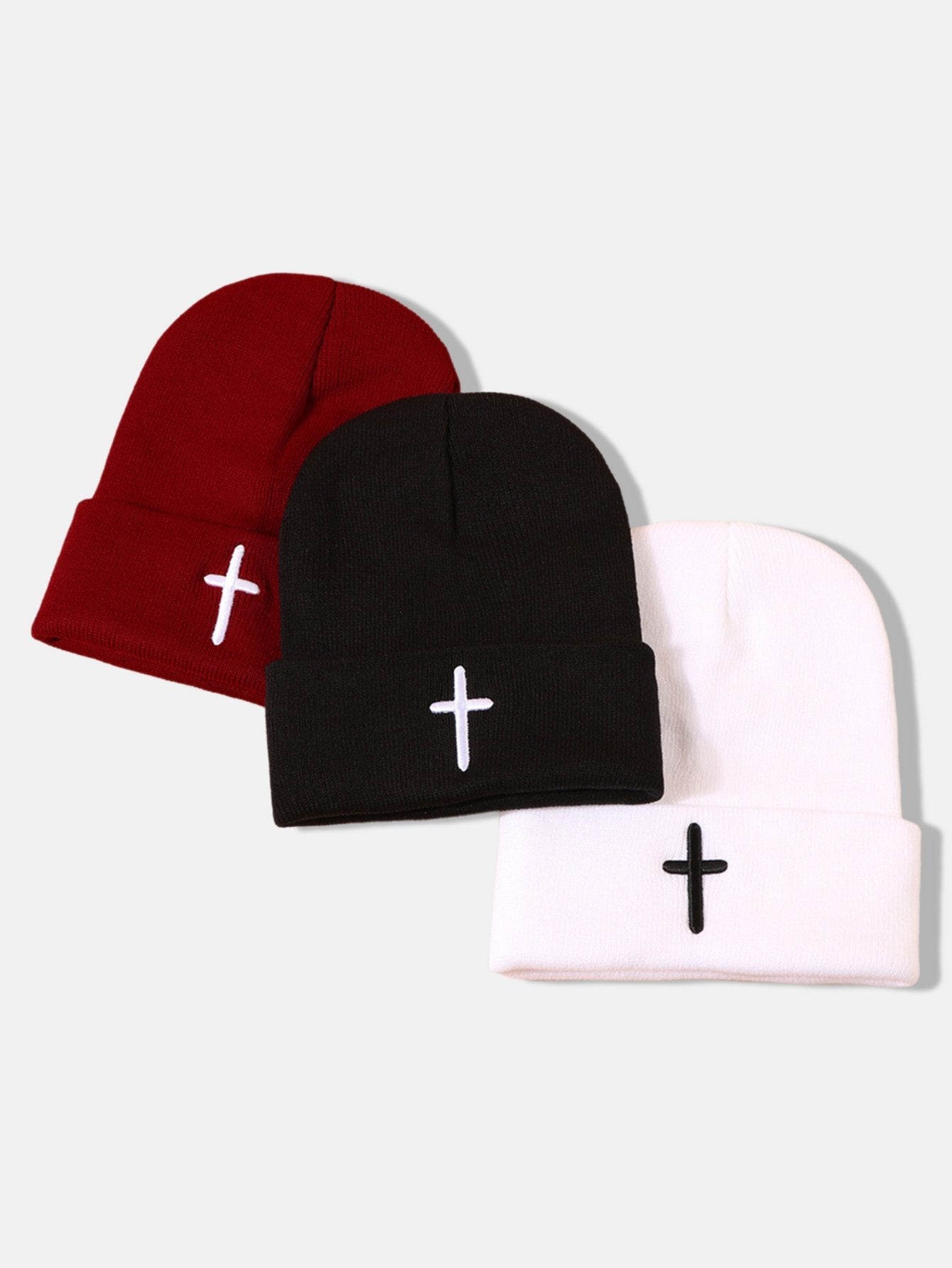 3D Cross Embroidered Pattern Flanged Knitted Hat