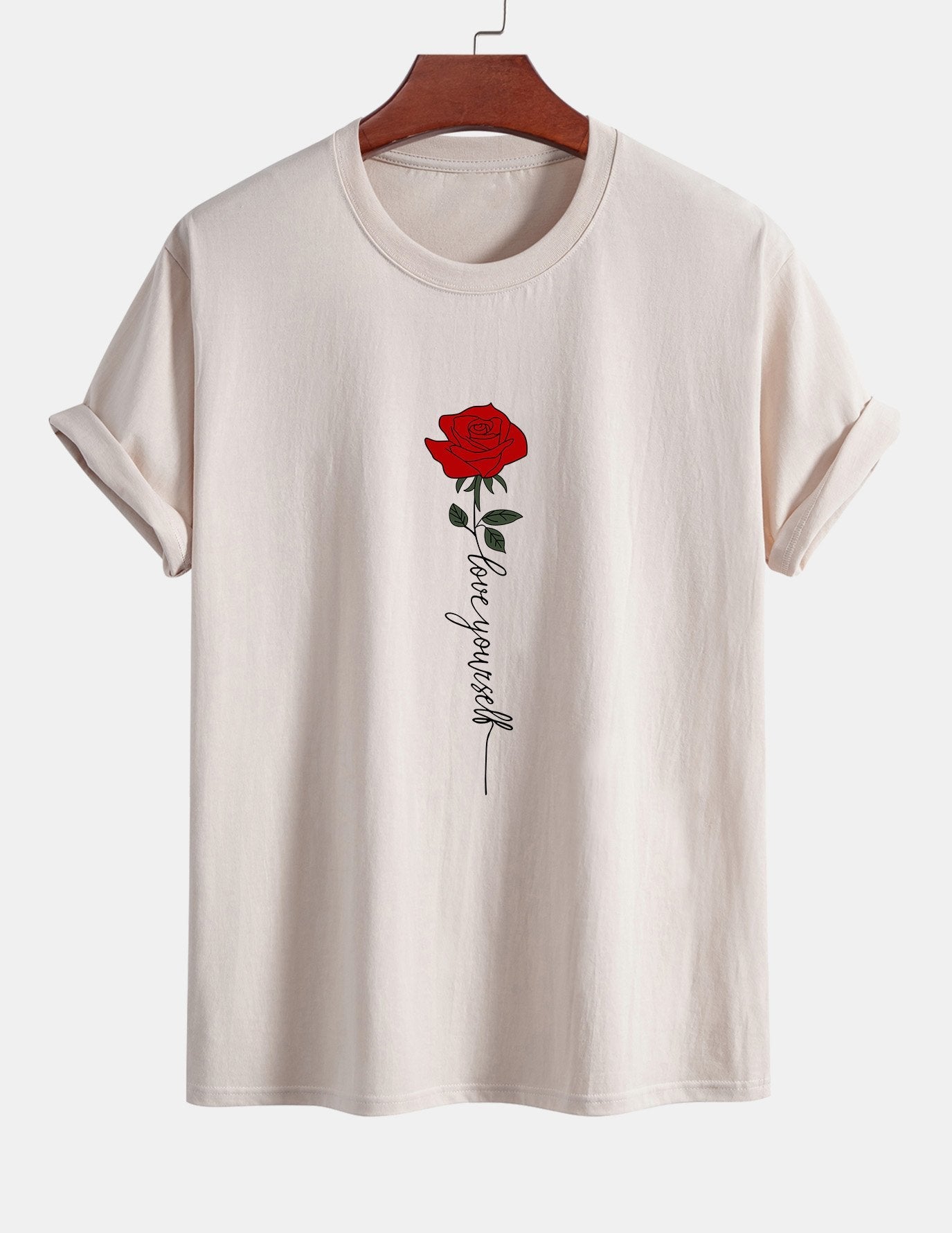 Regular Fit Rose Slogan Print Cotton T-Shirt