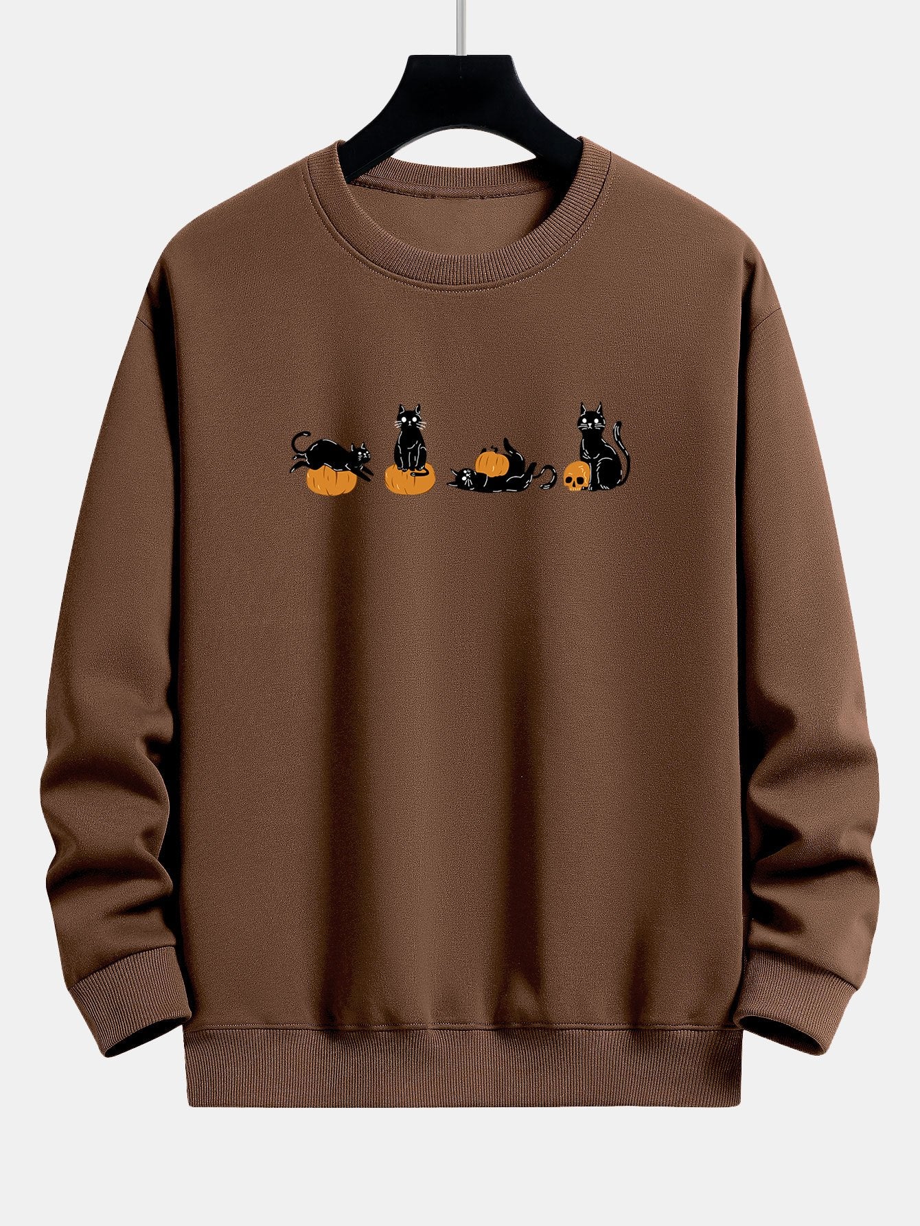 Halloween Pumpkin Black Cat Print Relax Fit Sweatshirt