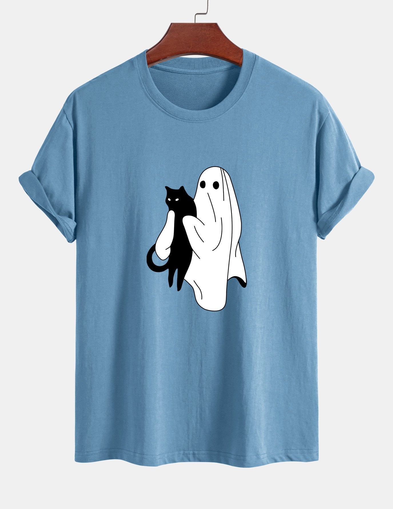 Regular Fit Ghost Black Cat Print Cotton T-Shirt