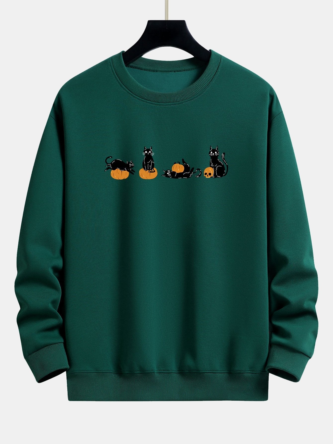 Halloween Pumpkin Black Cat Print Relax Fit Sweatshirt