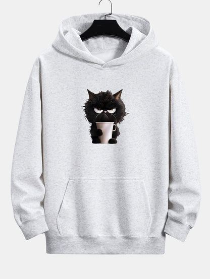 Black Cat Drinking Coffee Print Relax Fit Hoodie