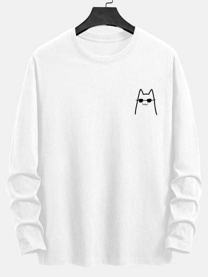 Long Sleeve Cat With Sunglasses Print Cotton T-Shirt