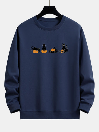 Halloween Pumpkin Black Cat Print Relax Fit Sweatshirt