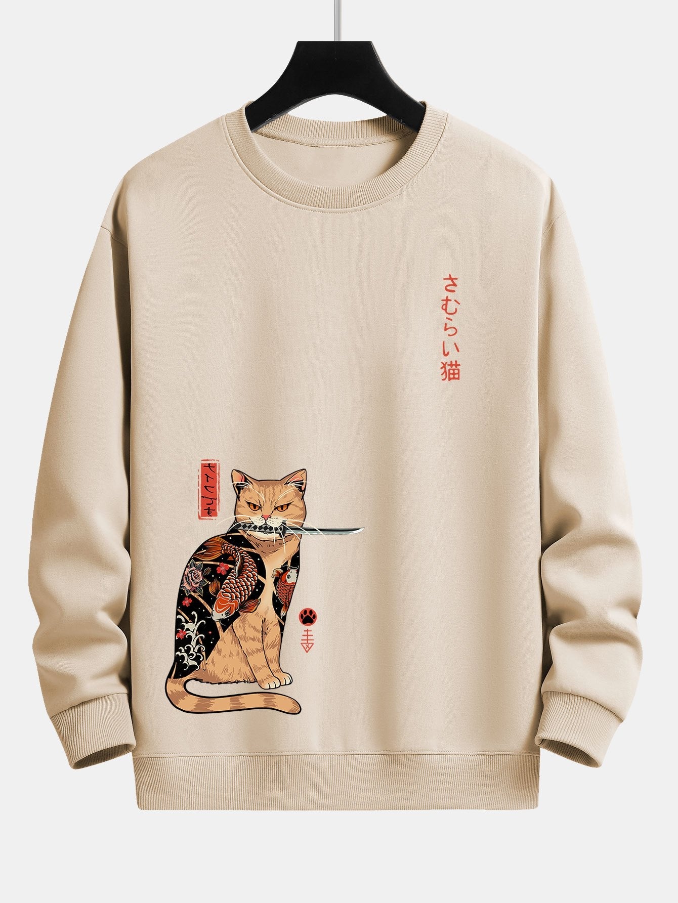 Japanese Samurai Cat Print Relax Fit Sweatshirt