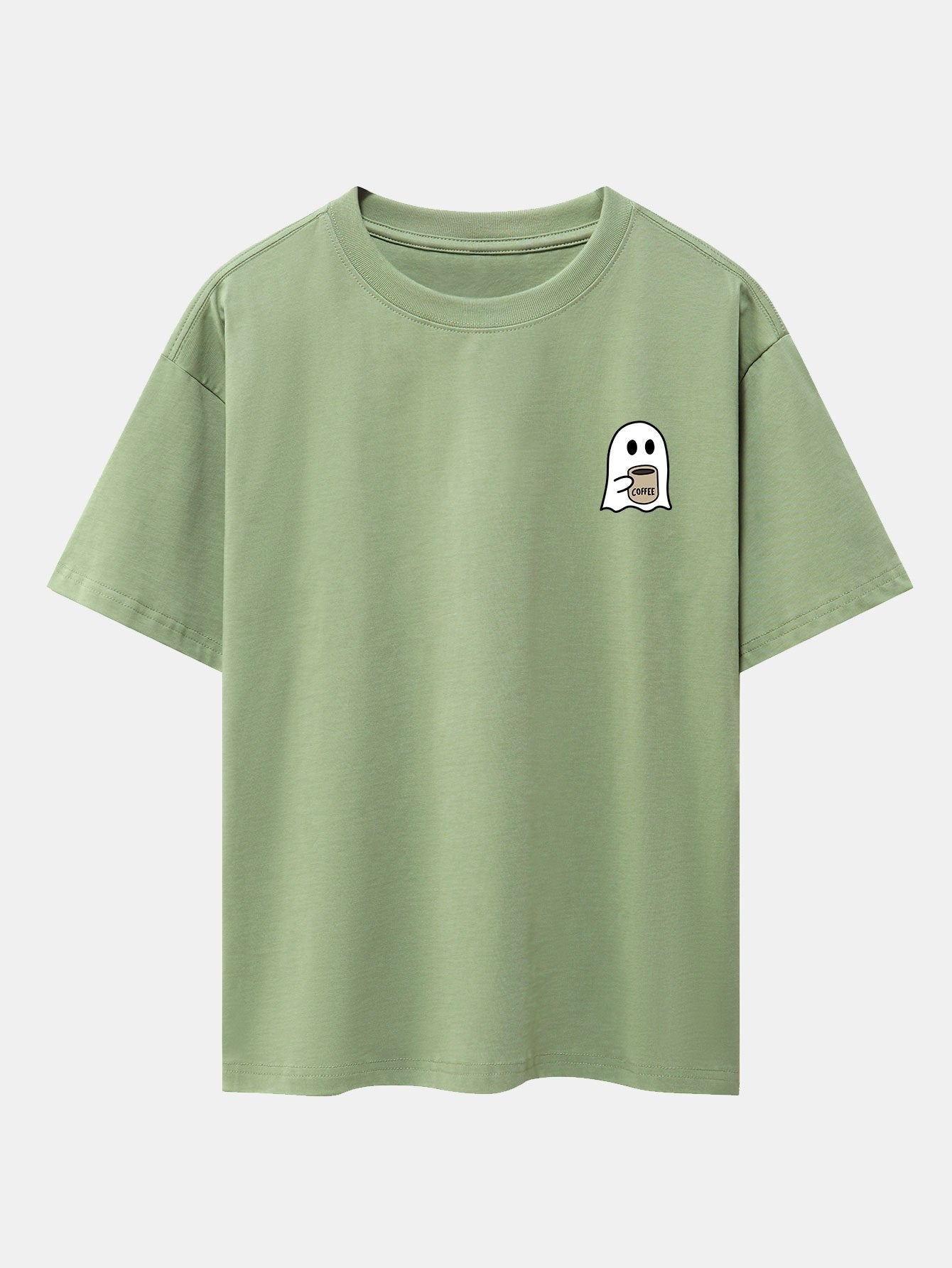 Ghost Drinking Coffee Print Drop Shoulder Oversize T-Shirt