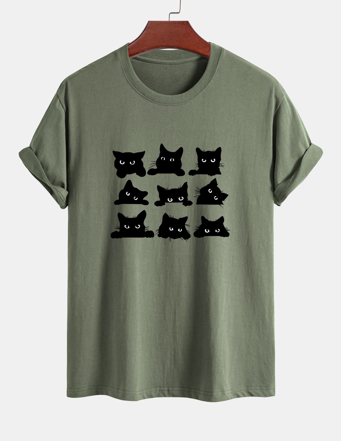 Regular Fit Black Cat Staring Print Cotton T-Shirt