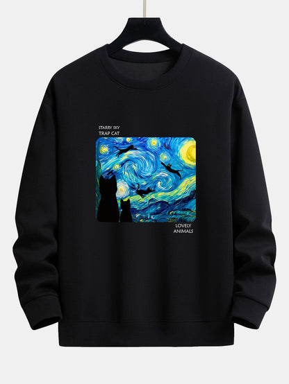 Starry Sky Cat Print Relax Fit Sweatshirt