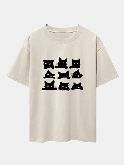 Black Cat Staring Print Drop Shoulder Oversize T-Shirt