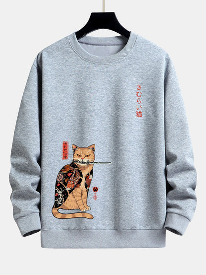 Japanese Samurai Cat Print Relax Fit Sweatshirt