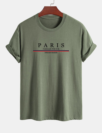 Regular Fit Stripe Paris Slogan Print Cotton T-Shirt