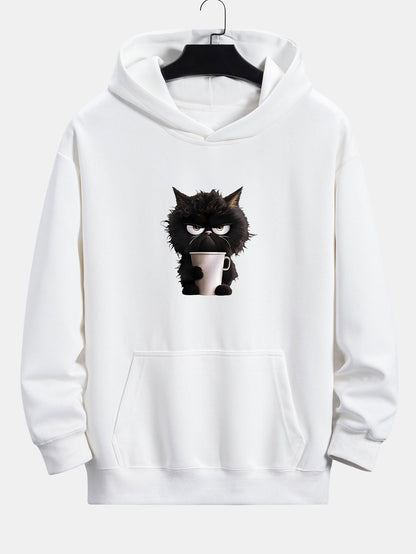 Black Cat Drinking Coffee Print Relax Fit Hoodie