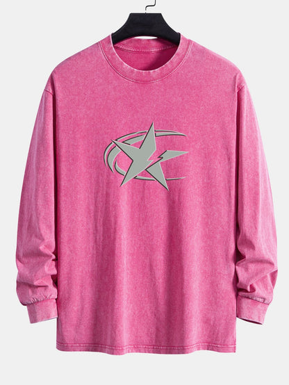 Star Print Relax Fit Long Sleeve Washed Distressed T-Shirt