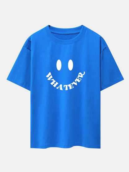 Smiley Face Slogan Print Drop Shoulder Oversize T-Shirt