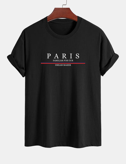 Regular Fit Stripe Paris Slogan Print Cotton T-Shirt