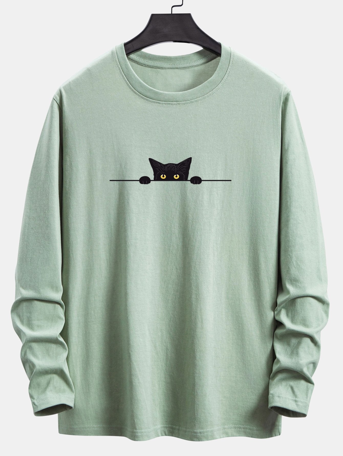 Long Sleeve Black Cat Print Cotton T-Shirt