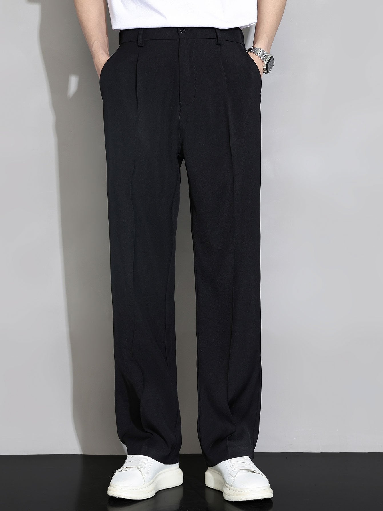 Relax Fit Elastic Waist Straight Leg Trousers