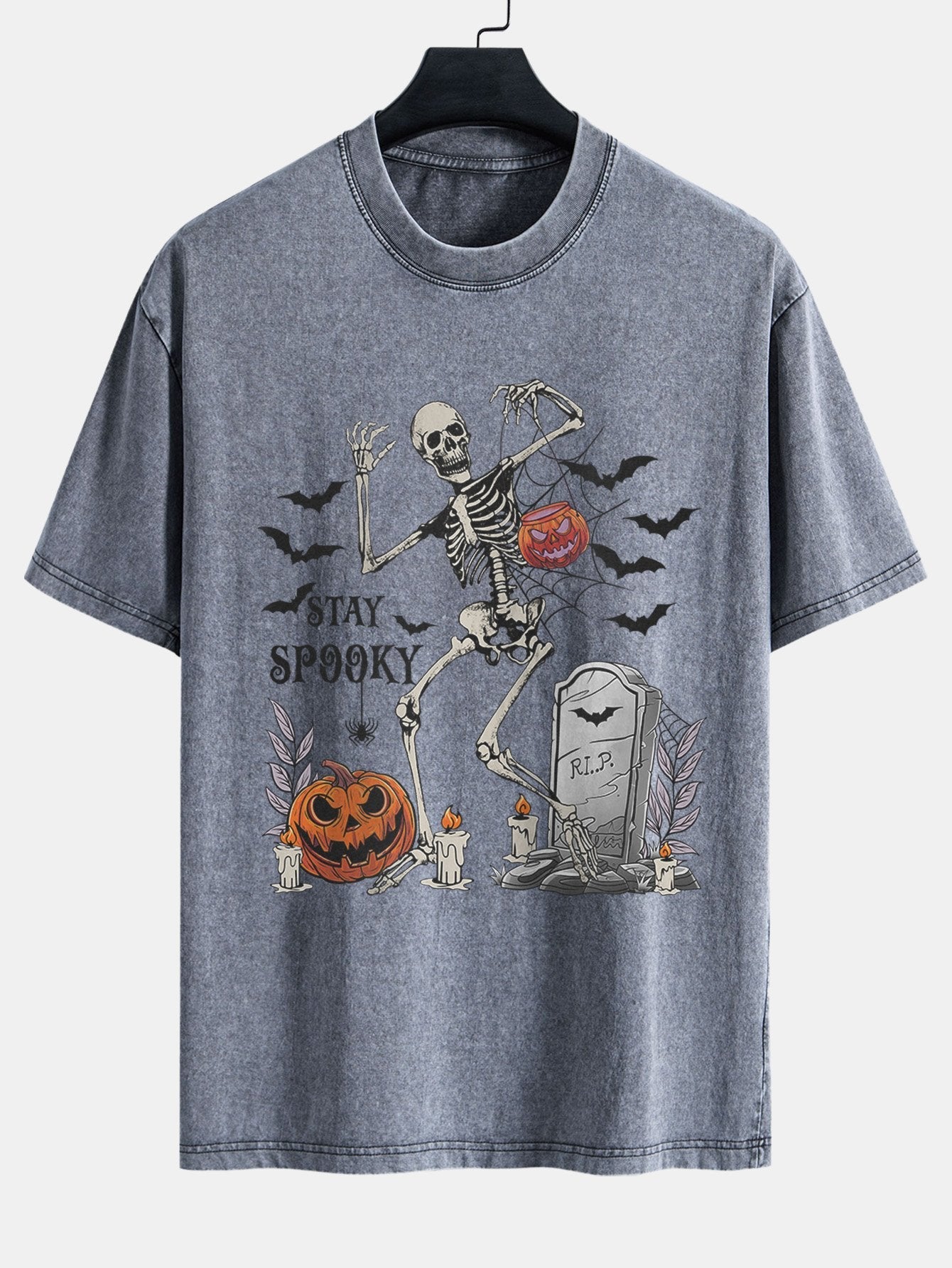 Halloween Skeleton Stay Spooky Print Washed Distressed Drop Shoulder T-Shirt