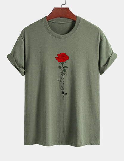 Regular Fit Rose Slogan Print Cotton T-Shirt