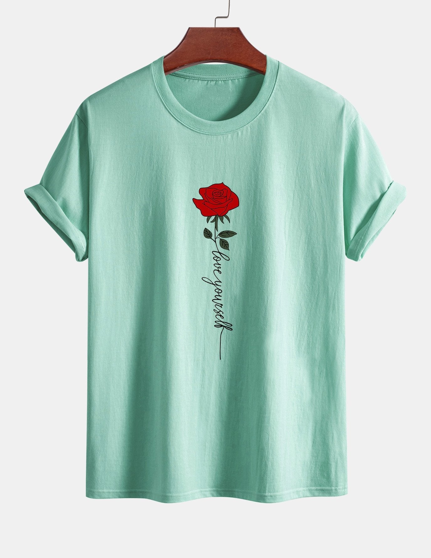 Regular Fit Rose Slogan Print Cotton T-Shirt