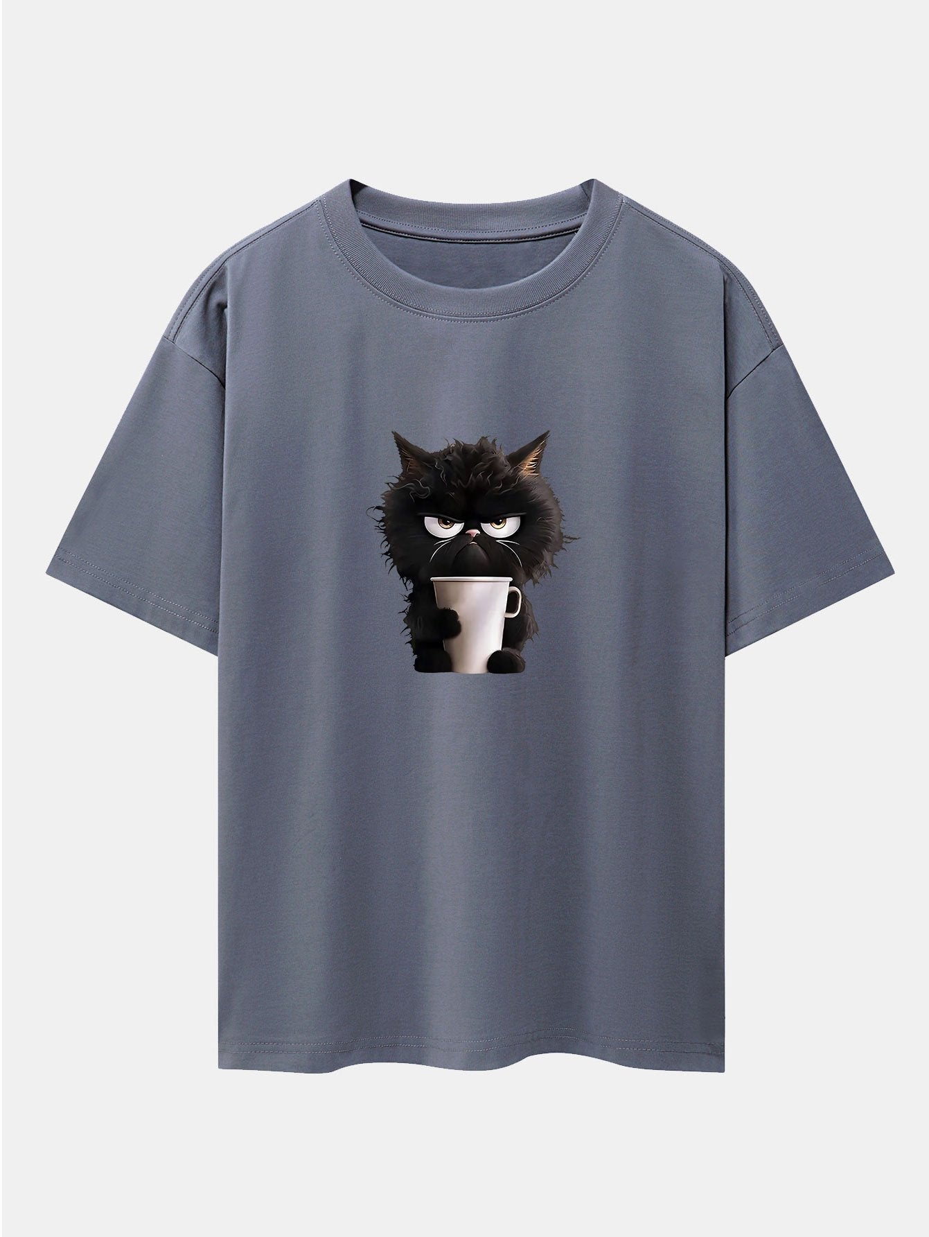 Black Cat Drinking Coffee Print Drop Shoulder Oversize T-Shirt