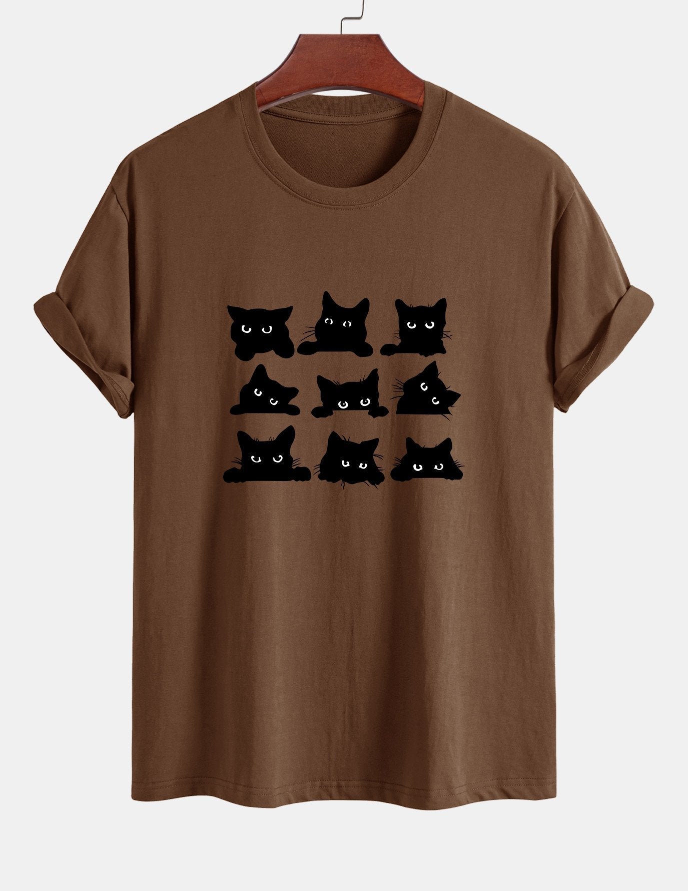 Regular Fit Black Cat Staring Print Cotton T-Shirt