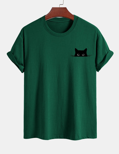 Regular Fit Black Cat Print Cotton T-Shirt