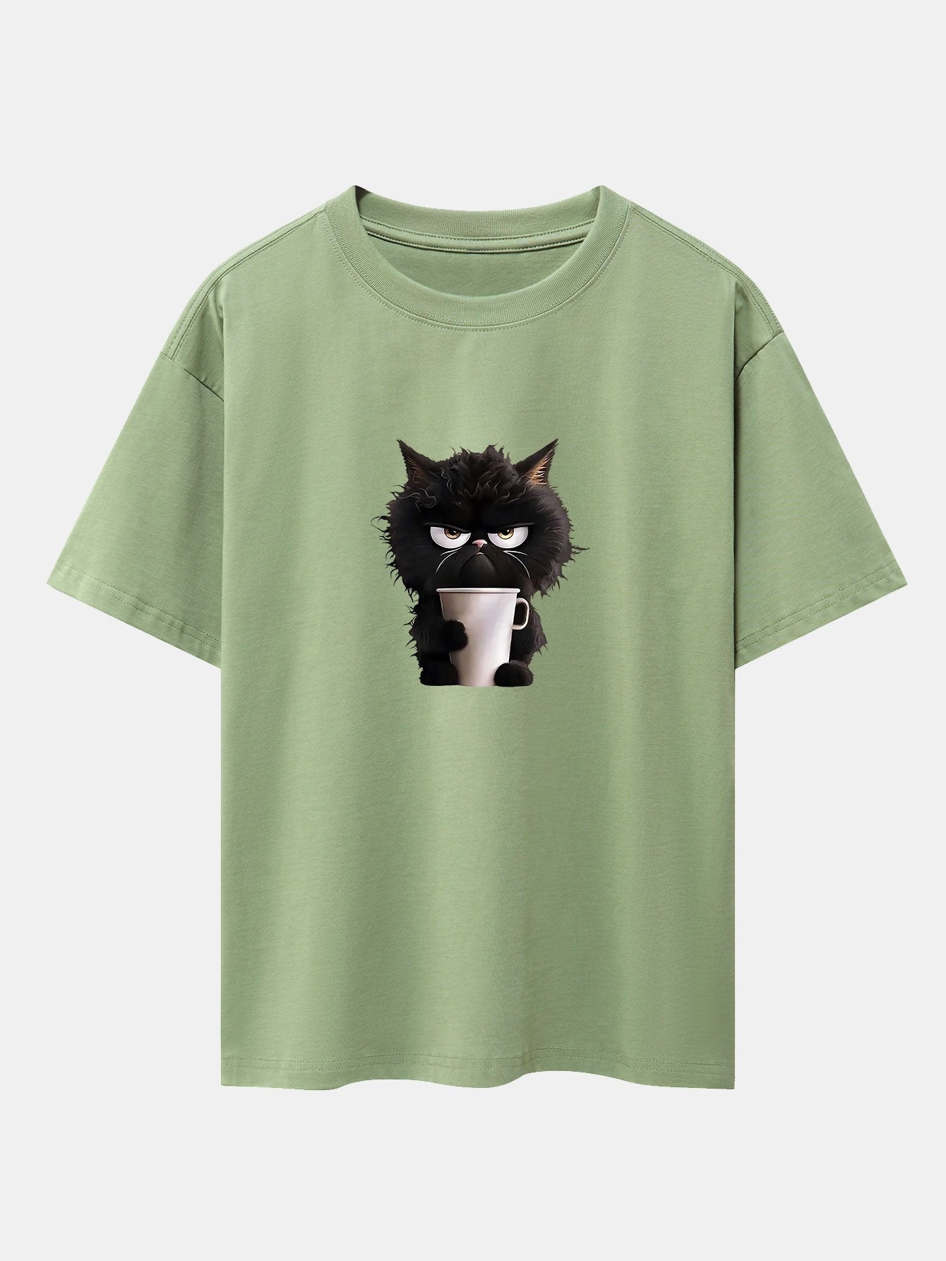 Black Cat Drinking Coffee Print Drop Shoulder Oversize T-Shirt