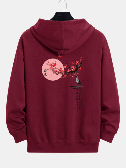 Plum Blossom And Crane Back Print Relax Fit Hoodie