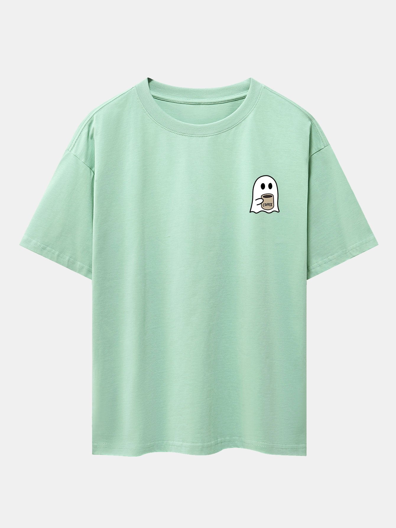 Ghost Drinking Coffee Print Drop Shoulder Oversize T-Shirt