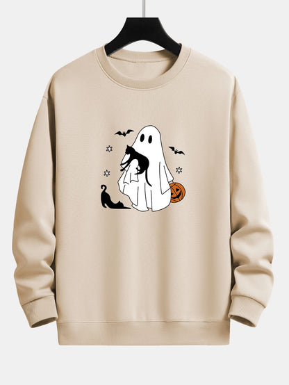 Halloween Ghost Black Cat Print Relax Fit Sweatshirt