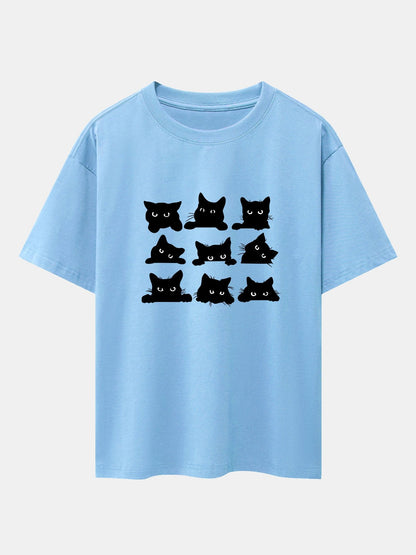 Black Cat Staring Print Drop Shoulder Oversize T-Shirt