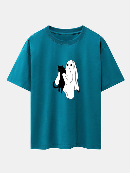 Ghost Black Cat Print Drop Shoulder Oversize T-Shirt