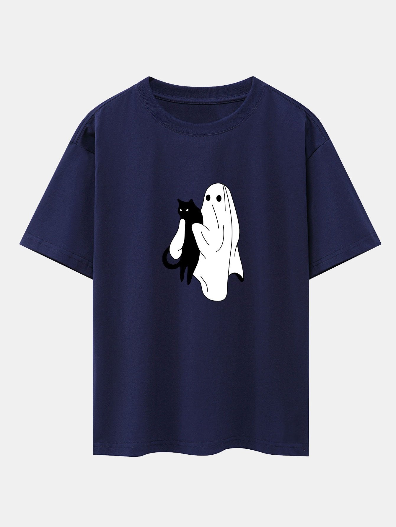 Ghost Black Cat Print Drop Shoulder Oversize T-Shirt