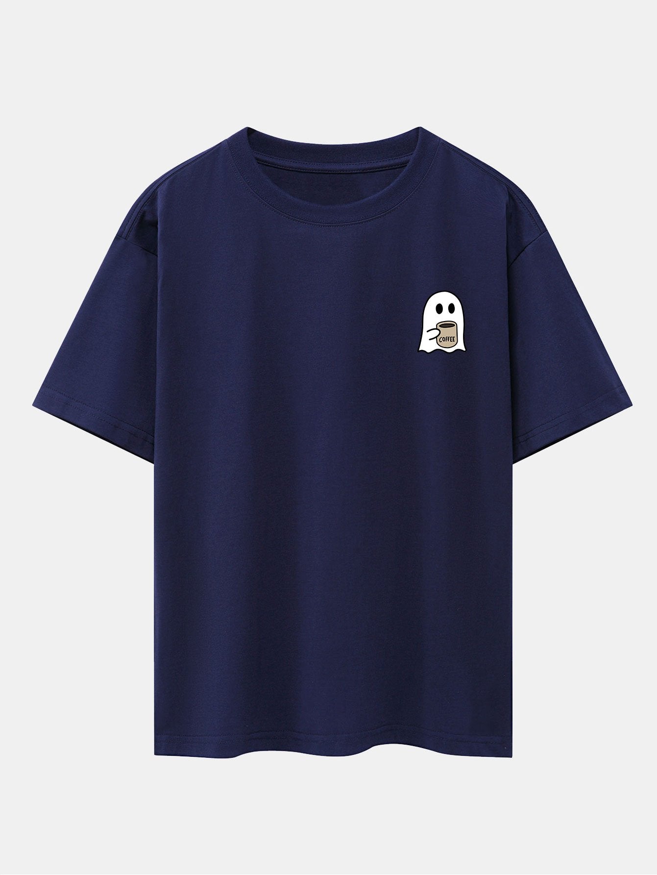 Ghost Drinking Coffee Print Drop Shoulder Oversize T-Shirt