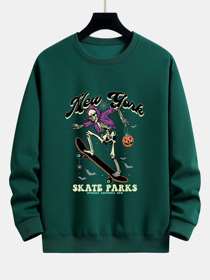 Halloween Skateboard Skeleton Print Relax Fit Sweatshirt