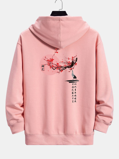 Plum Blossom And Crane Back Print Relax Fit Hoodie