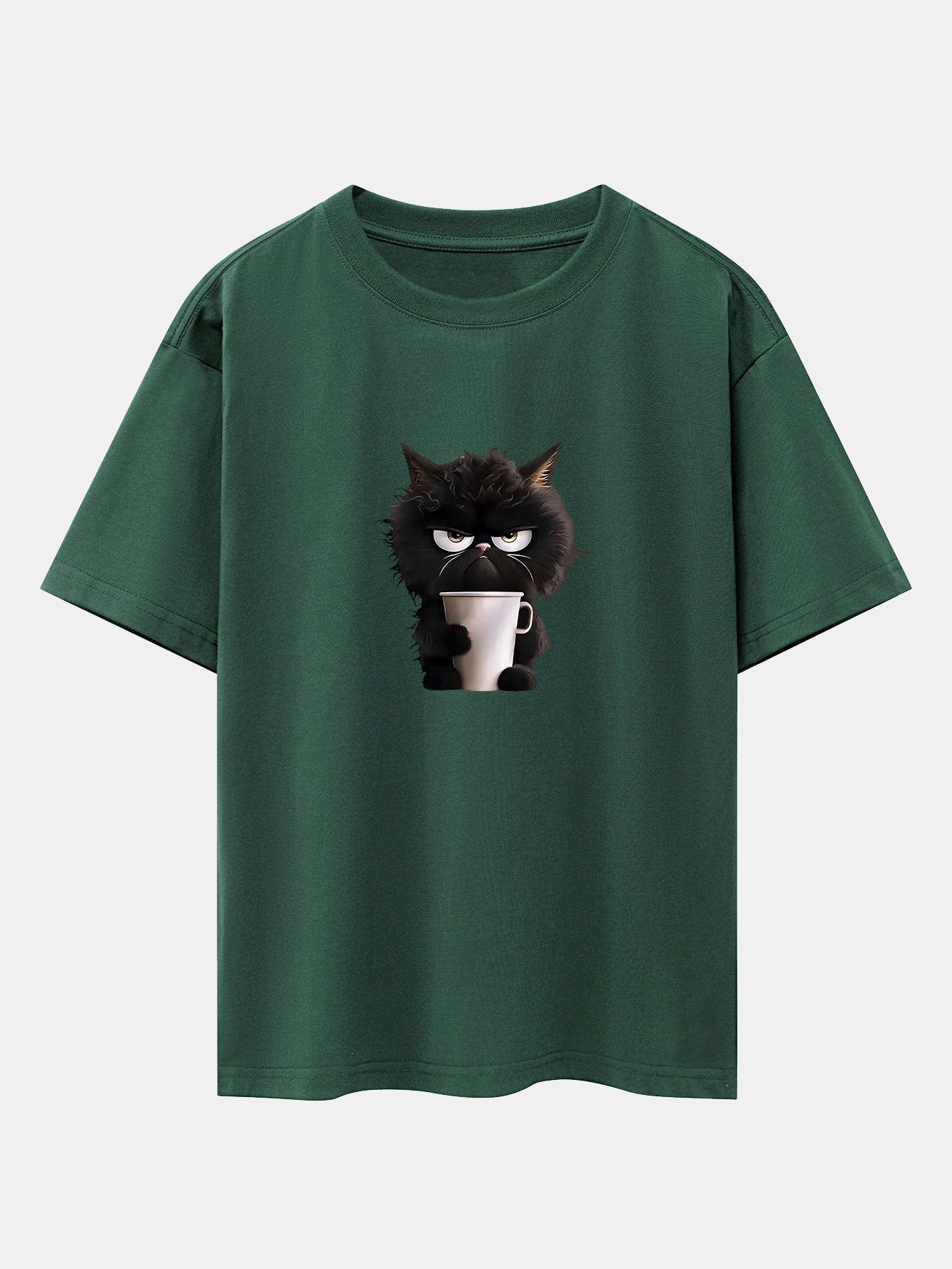 Black Cat Drinking Coffee Print Drop Shoulder Oversize T-Shirt