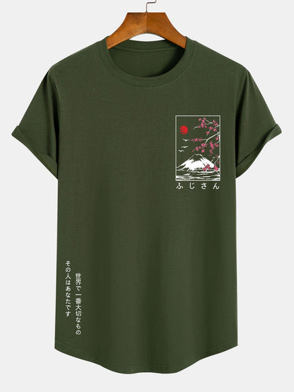 Mount Fuji Slogan Print Cotton Arc Hem T-Shirt