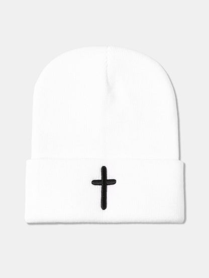 3D Cross Embroidered Pattern Flanged Knitted Hat