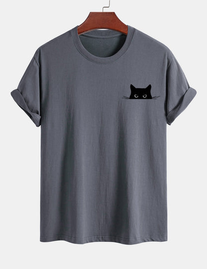 Regular Fit Black Cat Print Cotton T-Shirt